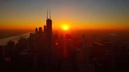 Chicago Skyline Sunset: Aerial View of Cityscape at Golden Hour