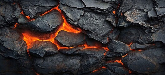 Black rocks with an orange glow, a dark background, and a black and gray texture