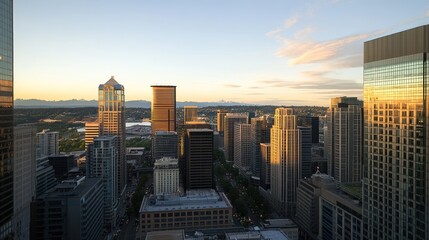 Seattle Skyline Sunset Panorama: Golden Hour Cityscape