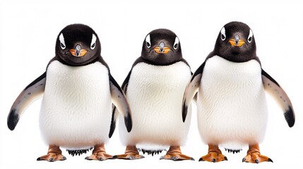 Three adorable Gentoo penguins standing side by side, showcasing their distinctive black and white plumage.