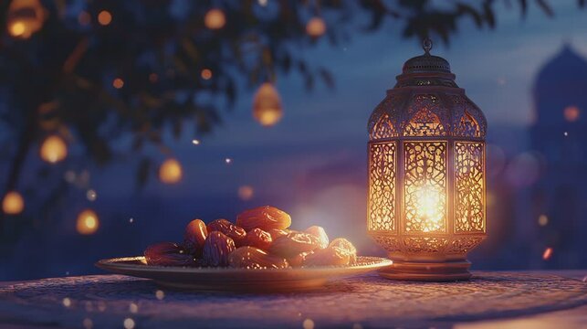 decorative plate of dates intricately designed with lantern and blurred background, empty space for decorative gift greeting design and text
