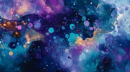 Photo of abstract painting, where multi-colored spots and fluid forms create an emotional atmosphere, showcasing a blend of cool blues and purples that evoke a sense of serenity and calm.