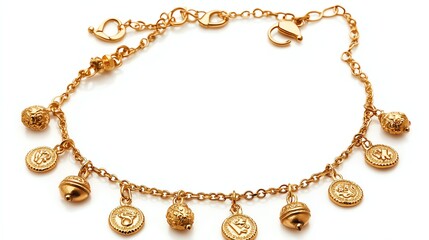 Elegant gold bracelet with bells and charms, white isolated background