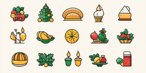 Vector icons representing New Year foods, decorations, and traditions.
