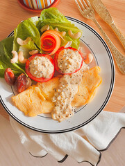 French Omelette with vegetables for breakfast. Delicious food. Cooking recipes. Bruch menu. Healthy...
