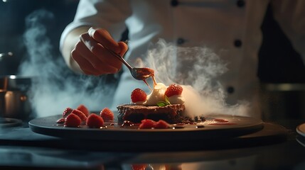 Chef Preparing Exquisite Dessert With Strawberries