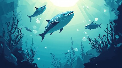 Naklejka premium Underwater scene featuring vibrant fish swimming among kelp and bubbles in a serene blue ocean.