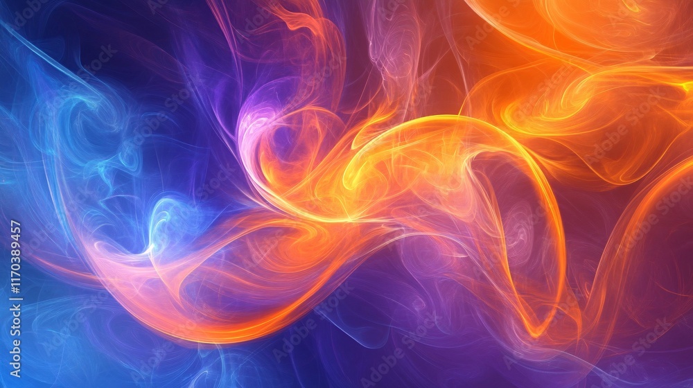 Poster dynamic abstract swirl of warm orange and cool blue hues creating an ethereal atmosphere.