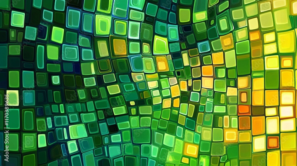 Poster a vibrant abstract pattern of green and yellow squares in a fluid, wavy design, creating a lively vi