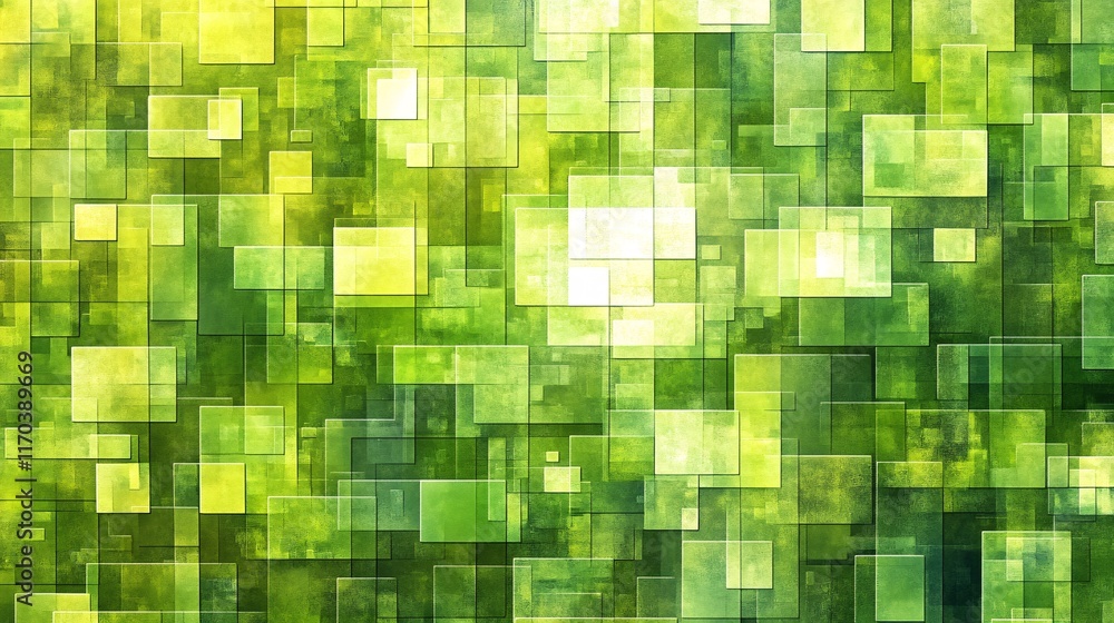 Poster a vibrant abstract pattern featuring layered squares in various shades of green.