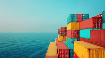 Fototapeta premium Cargo Management and Warehouse Scheduling Solutions concept. Colorful shipping containers stacked by the ocean.
