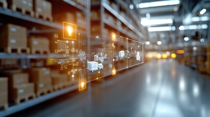 Cargo Management and Warehouse Scheduling Solutions concept. Futuristic warehouse with digital overlay and glowing elements.