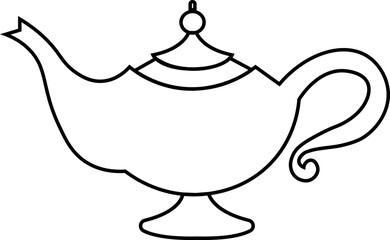 Magical Genie Lamp icon. Mystical, black line vector ornate genie lamp, radiating magic and wonder with sparkling stars. Perfect for fantasy, storytelling, and wish granting themes.