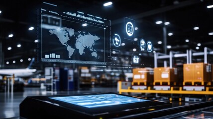 Fototapeta premium Cargo Management and Warehouse Scheduling Solutions concept. Digital interface in a warehouse with cargo and logistics data.