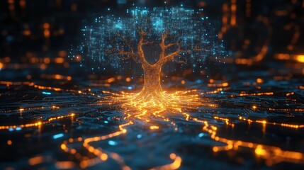 Glowing digital tree with roots.
