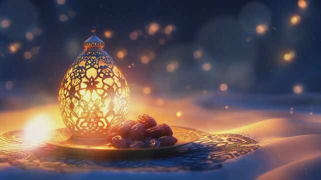 decorative plate of dates intricately designed with lantern and blurred background, empty space for decorative gift greeting design and text