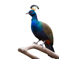 Himalayan monal perchedon piece of wood isolated on white background