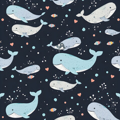 Obraz premium Seamless pattern of pastel whales with water splashes, surrounded by bubbles and fish.