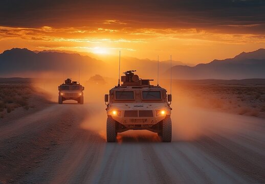 A high-quality photo of light armored vehicles driving on desert roads at sunset, with an American and European-style design in the background.