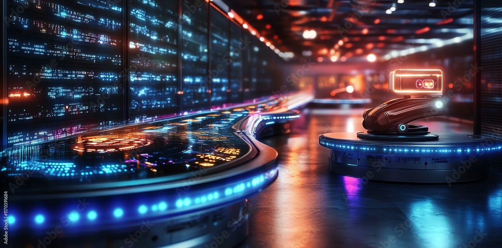 Poster futuristic data center: illuminated server racks and automated transport