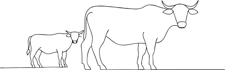 Cows on pasture in One continuous line drawing. Milk calf animal grazing symbol and beef meat farm concept in simple linear style