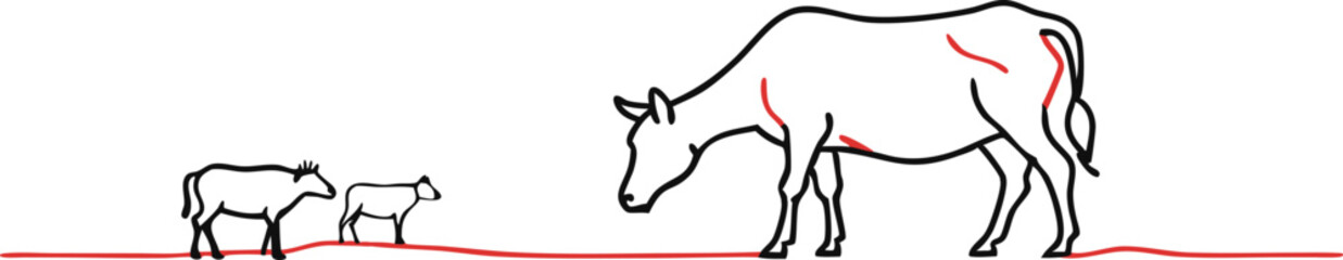 Cows on pasture in One continuous line drawing. Milk calf animal grazing symbol and beef meat farm concept in simple linear style
