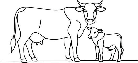 Cows on pasture in One continuous line drawing. Milk calf animal grazing symbol and beef meat farm concept in simple linear style