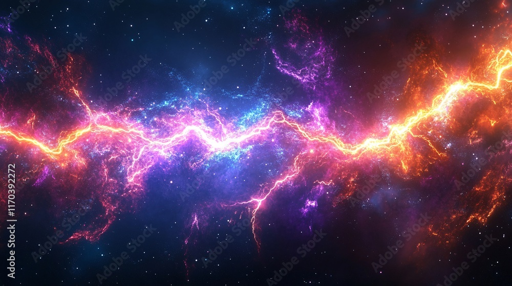 Poster vibrant cosmic energy lines connect galaxies in a mesmerizing display of color and light.