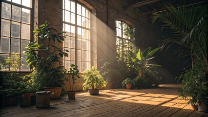Fototapeta premium Serene Indoor Garden with Morning Light and Lush Greenery V3