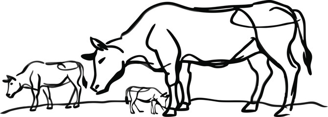 Cows on pasture in One continuous line drawing. Milk calf animal grazing symbol and beef meat farm concept in simple linear style