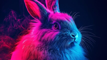 A vibrant and colorful rabbit illuminated with neon pink and blue light against a dark background.