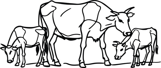 Cows on pasture in One continuous line drawing. Milk calf animal grazing symbol and beef meat farm concept in simple linear style