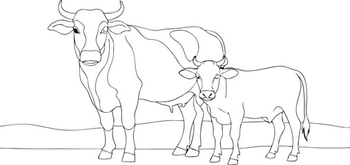Cows on pasture in One continuous line drawing. Milk calf animal grazing symbol and beef meat farm concept in simple linear style