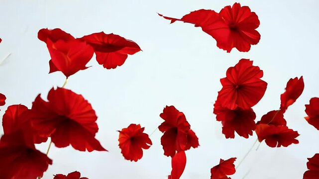 dramatic explosion of vibrant red flower petals bursts in slow motion rendered beautifully with an alpha matte for a stunning visual effect