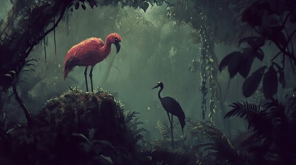 Scarlet Ibis and Crane in a Tropical Forest