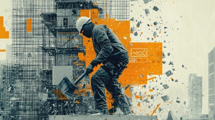 Create a hero image for a marketing agency focused on the construction industry. Show a close-up of a construction worker on a busy building site, 