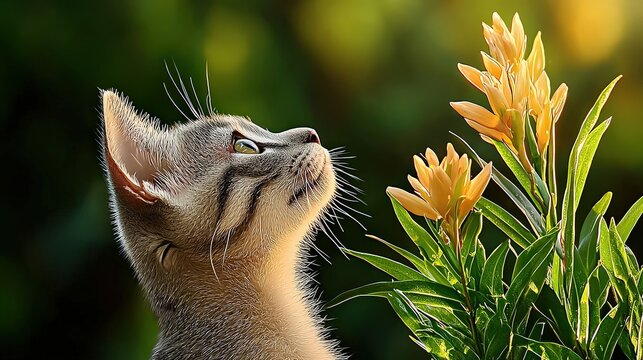 Curious Cat Gazing Upward at Vibrant Flower Bloom in Sunlit Garden Setting Evoking Feelings of Wonder and Natural Beauty in a Peaceful Scene