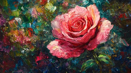 Vibrant pink rose blooms against a colorful, abstract background, showcasing delicate petals and rich textures.