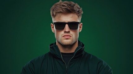 Obraz premium Stylish Man in Sunglasses and Black Jacket Exuding Confidence and Modern Fashion Sense Against Urban Backdrop Capturing Trendy City Lifestyle Vibe