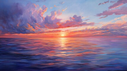 Obraz premium A vibrant sunset over tranquil waters, showcasing a breathtaking blend of colors in the sky.