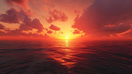 Stunning sunset over calm ocean waters, with vibrant shades of orange and pink illuminating the sky.