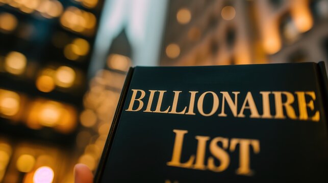 A close-up of a "Billionaire List" book amidst city lights, symbolizing wealth and high status in urban life. Business magazine cover, wealth management, entrepreneur, publicity, social