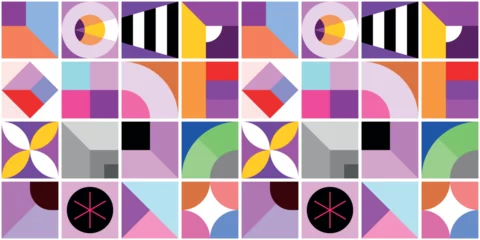 Decorative vector tileable background includes many geometric shapes and abstract objects.