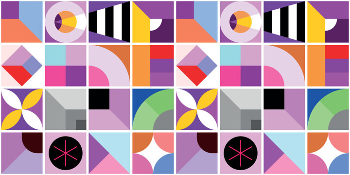 Decorative vector tileable background includes many geometric shapes and abstract objects.