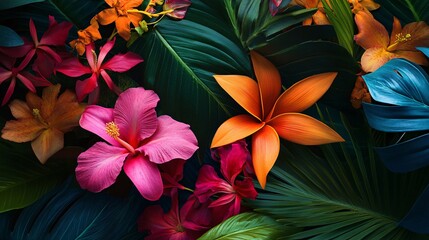 Vibrant tropical floral arrangement featuring pink hibiscus, orange and red orchids against lush green leaves.