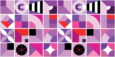 Violet, red and pink colors vector tileable background includes many geometric shapes and abstract objects.