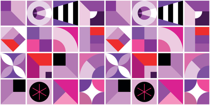 Violet, red and pink colors vector tileable background includes many geometric shapes and abstract objects.