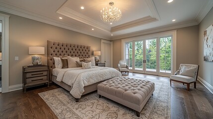Luxurious bedroom, hardwood floor, patio view, real estate listing
