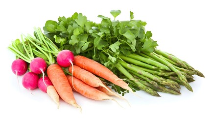 Vibrant arrangement of fresh spring vegetables showcasing radishes, carrots, asparagus, and cilantro on a light background