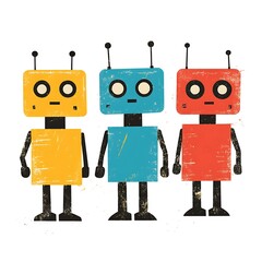 Three colorful, cartoon-style robots with square bodies and antennae.